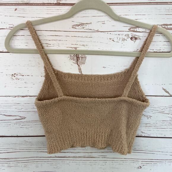 Windsor S Cream Nude Cozy Soft Chenille Spaghetti Strap Square Neck Crop PJ Top - Picture 4 of 7